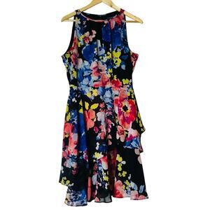 Tahari Arthur S. Levine Floral Sleeveless Dress 12 Fit Flare Knee Length Ruffle